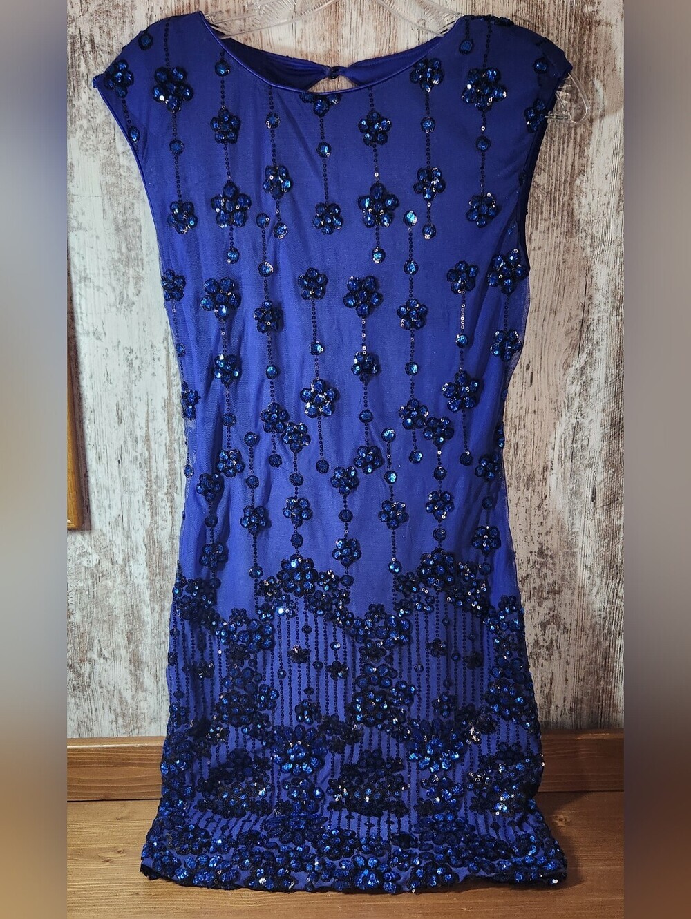 Sleeveless Royal Blue Beaded Midi Cocktail Dress Flower Pattern Sequins
